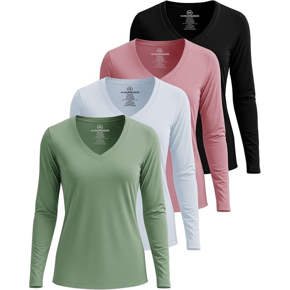 Real Essentials 4 Pack: Women's Long Sleeve Dry Fit V-Neck Athletic T-Shirt Work